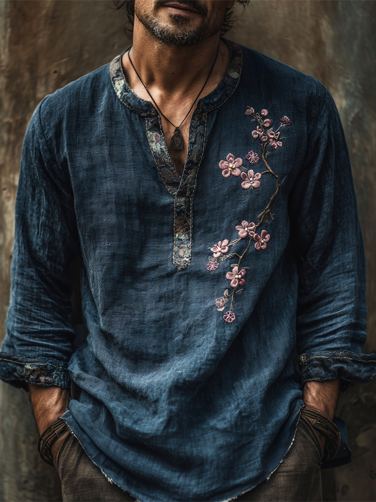 Japanese Plum Flower Embroidery Men's Linen Long Sleeve Shirt