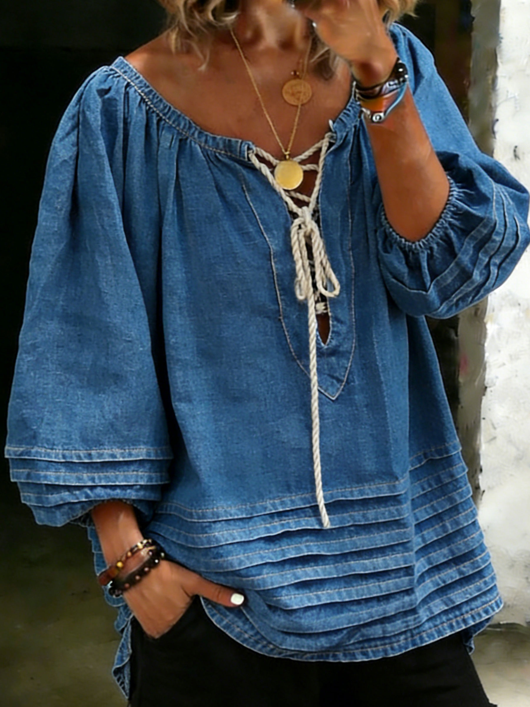 Women's Casual Stylish Long Sleeve Denim Blouse Top