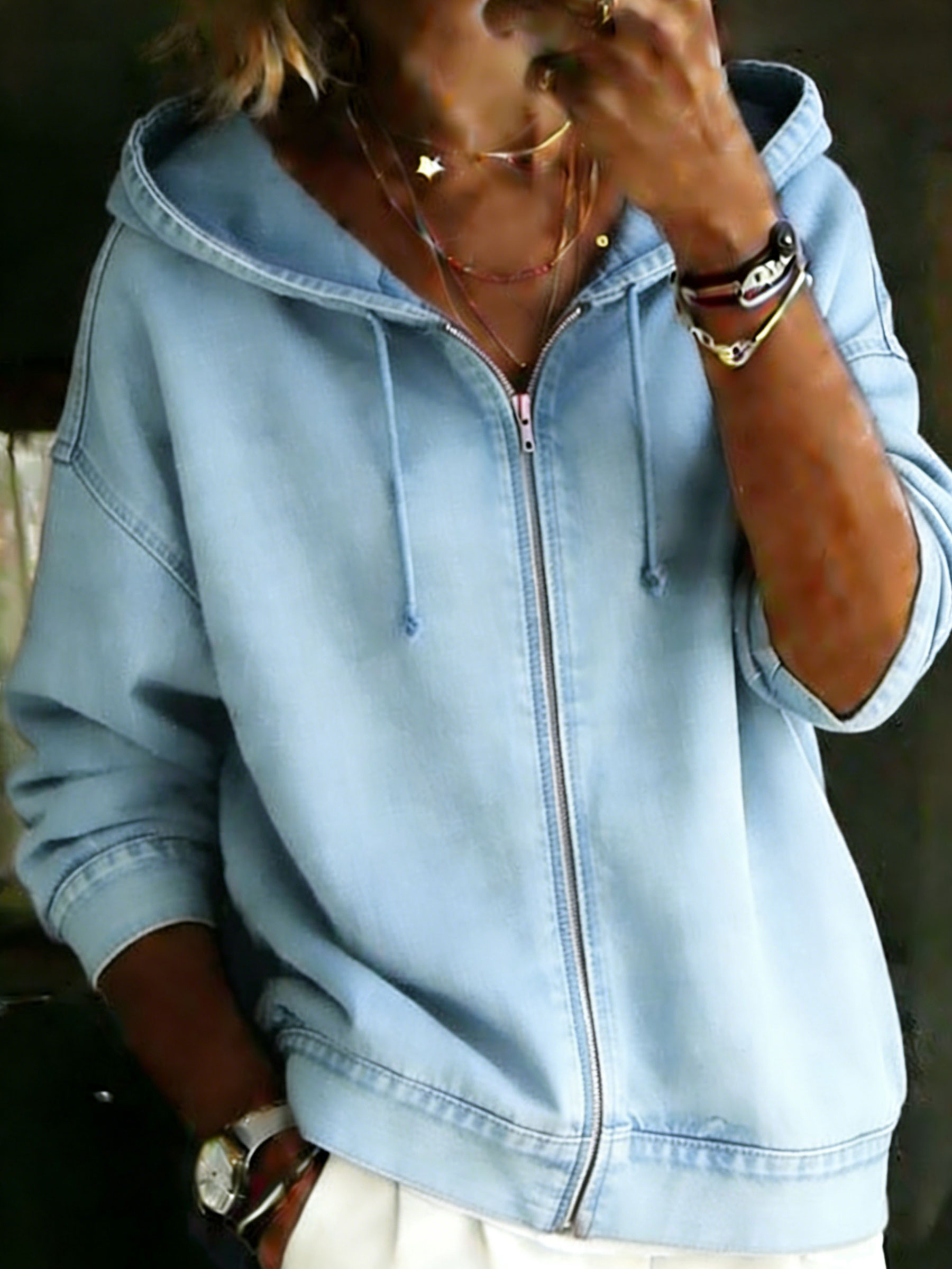 Women's Casual Long Sleeve Denim Zipper Hoodie Coat