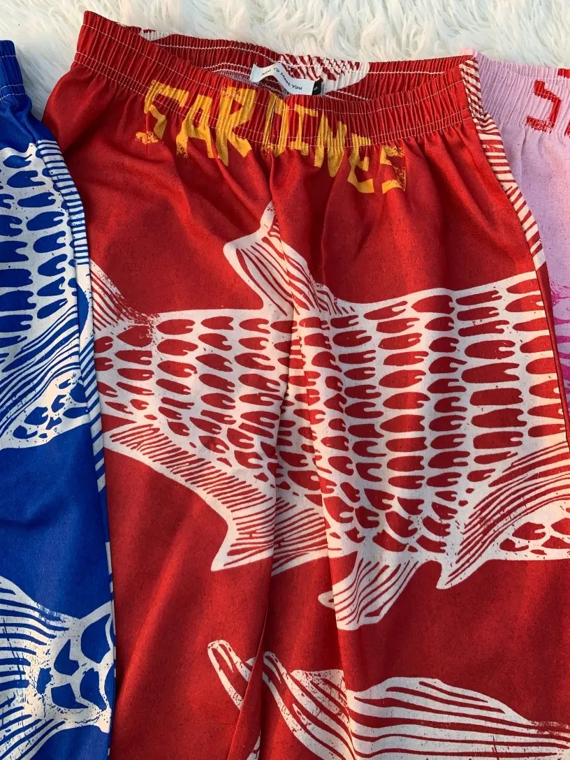 Women's Retro Nautical-Style Sardine Print Wide-Leg Pants with Contrasting Painted Loose and Comfortable