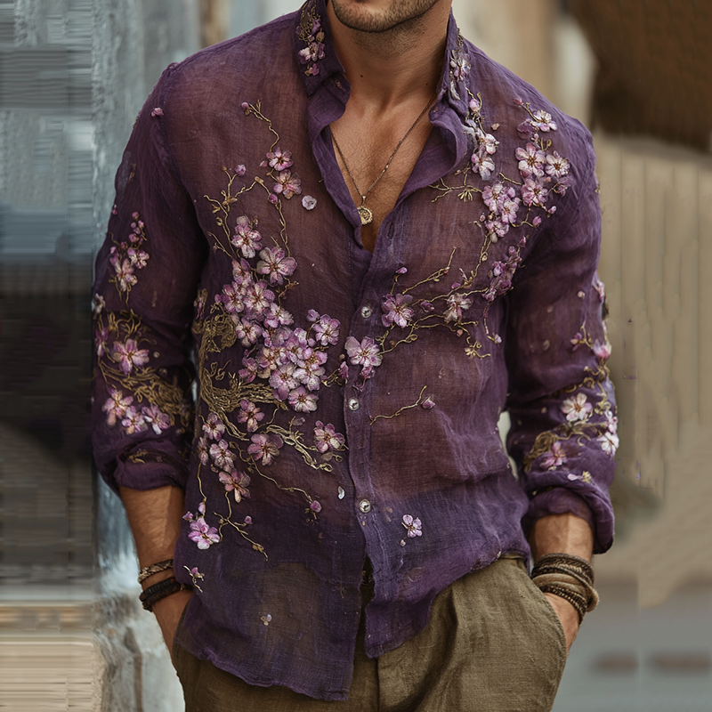 Men's Vintage Japanese Sakura Embroidered Art Lapel Long Sleeve Linen Shirt