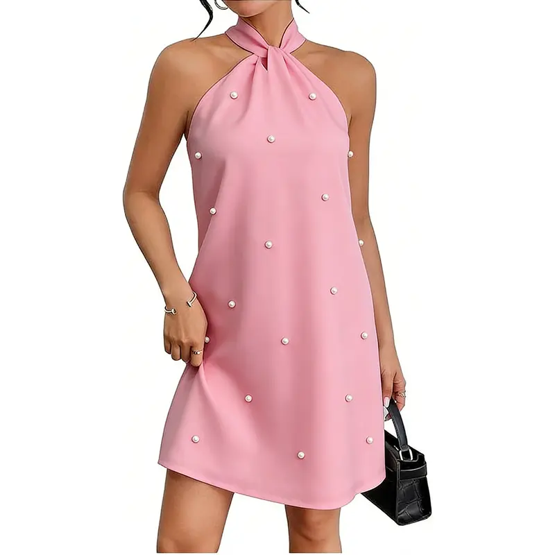 Women's Pearl Beaded Halter Twist Sleeveless Tie Back Dress A Line Dress