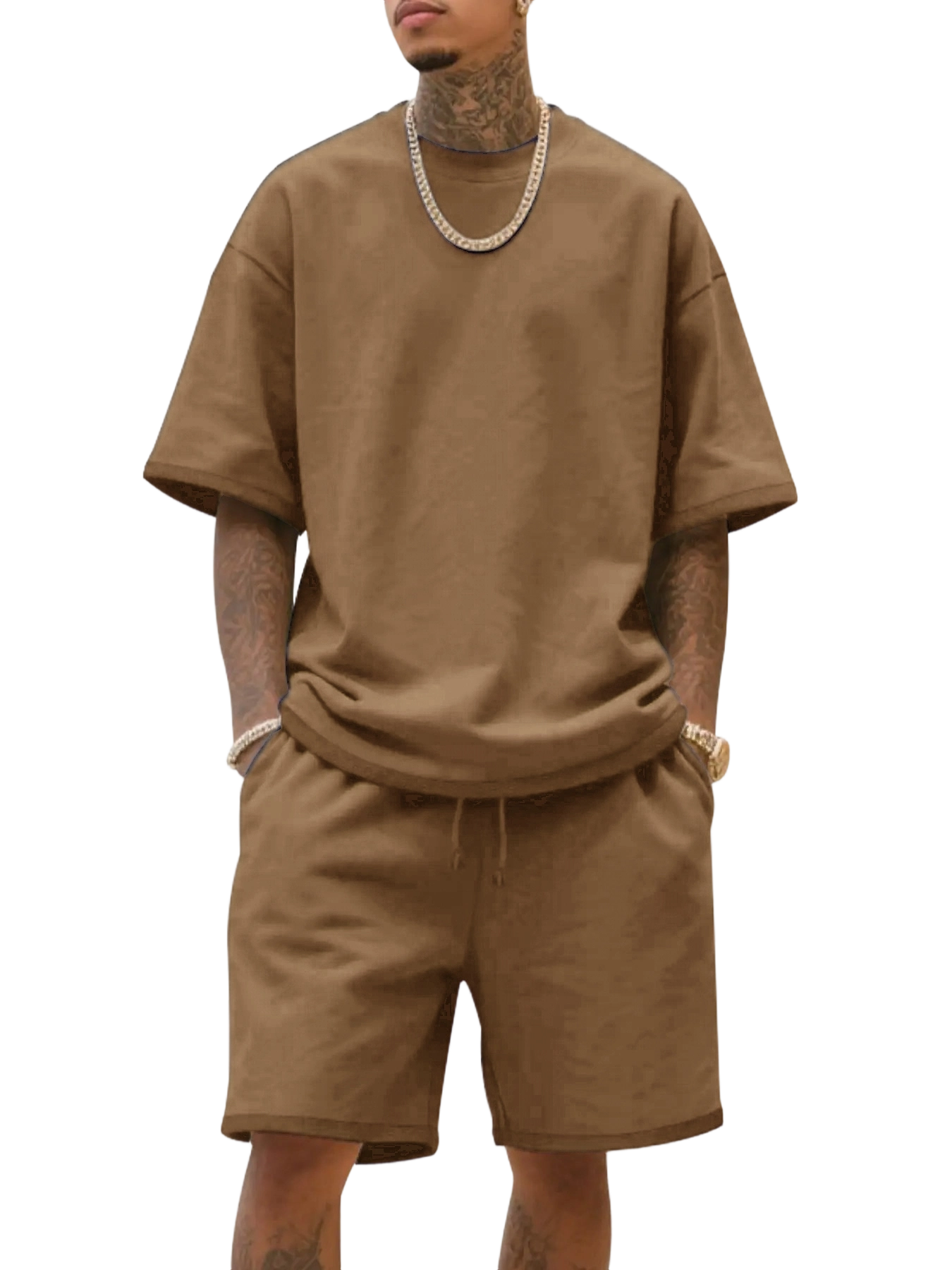 Men's Summer Casual Set, Pure Color Round Neck Short Sleeve Knit Tee & Shorts, Classic Loose Fit Sportswear