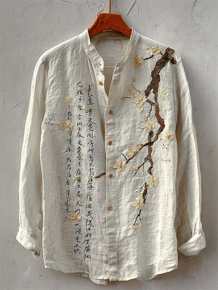 Japanese Plum Blossom Calligraphy Linen Shirt