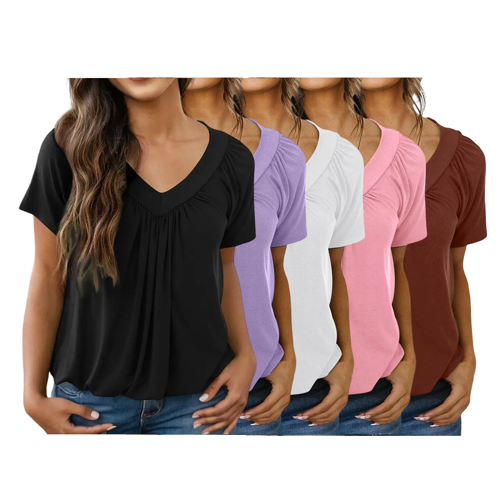 Women’s Casual Summer V-Neck Shirred T-Shirt – Loose Fit & Breathable Tee