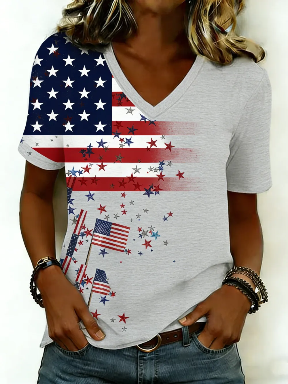 Casual Star V Neck Short Sleeve T-shirt