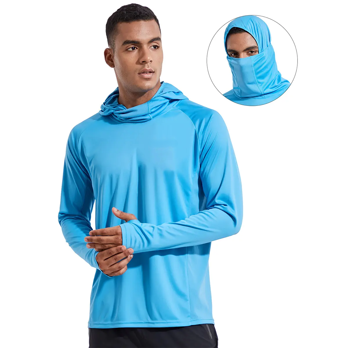 Men Sun Protection Hoodie Face Mask UPF50+ Long Sleeve Thumbholes UV SPF Shirt