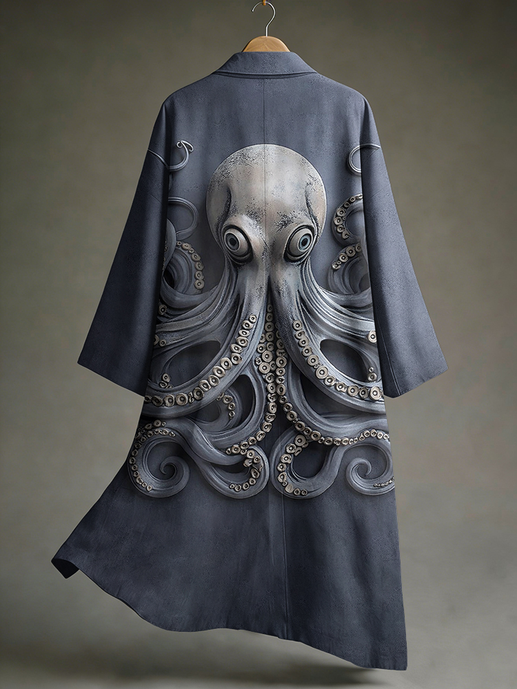 Men's Vintage Japanese Art Octopus Print  Linen Long Kimono