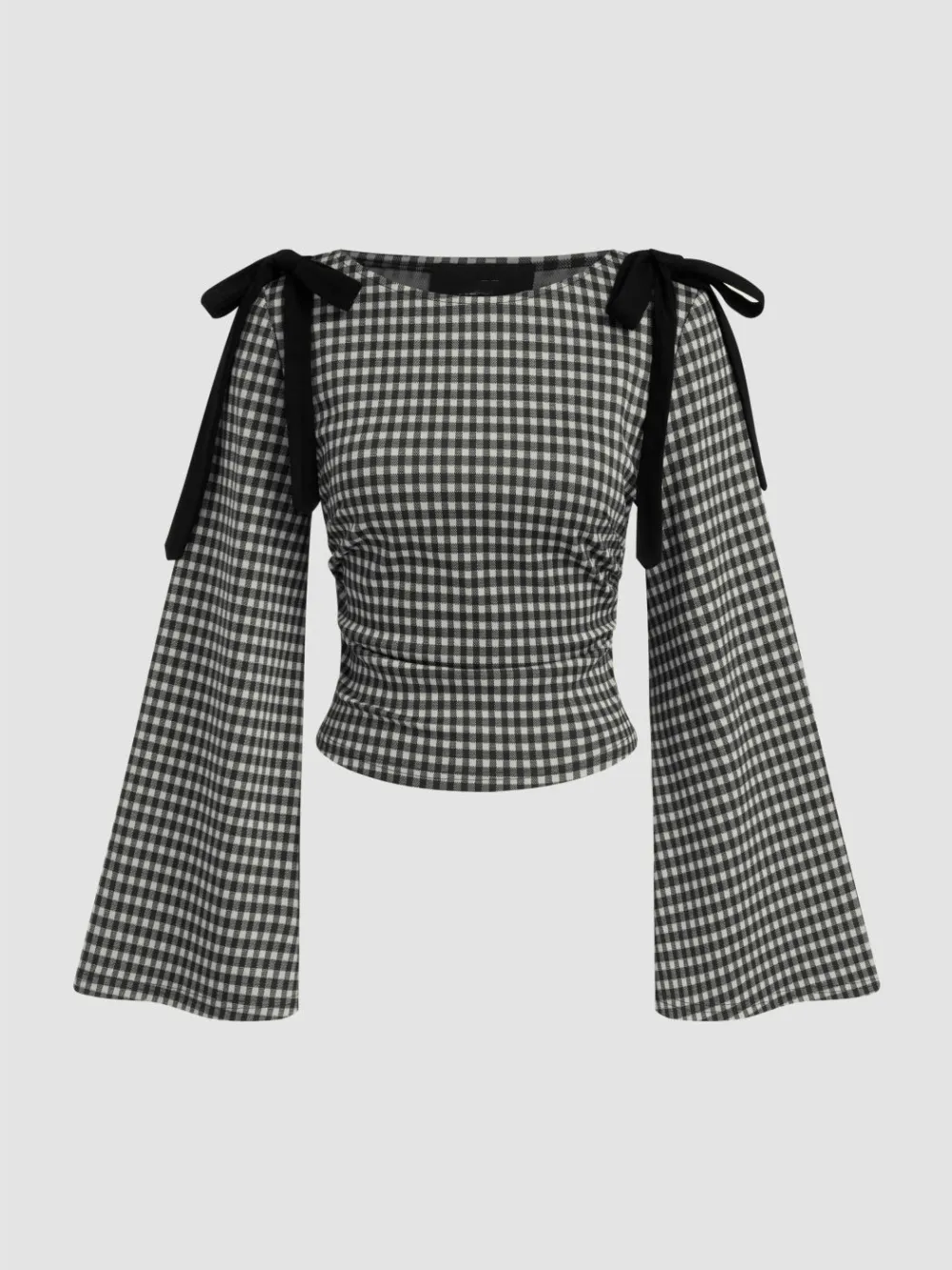 Boat Neck Gingham Bowknot Ruched Long Sleeve Top