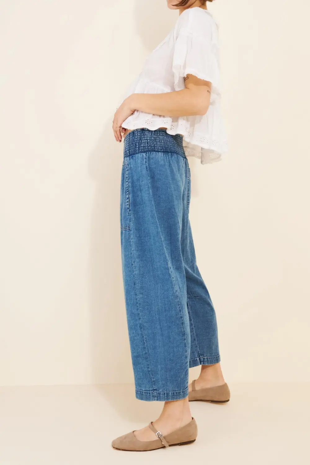 Elastic Waist Wide Leg Cotton Crop Denim Jeans