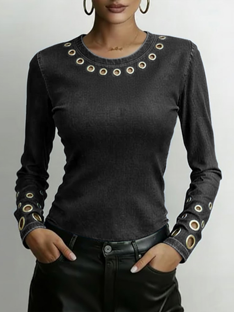 Women's Round Neck Long Sleeve Faux Denim Stretch Casual Loose Denim Top