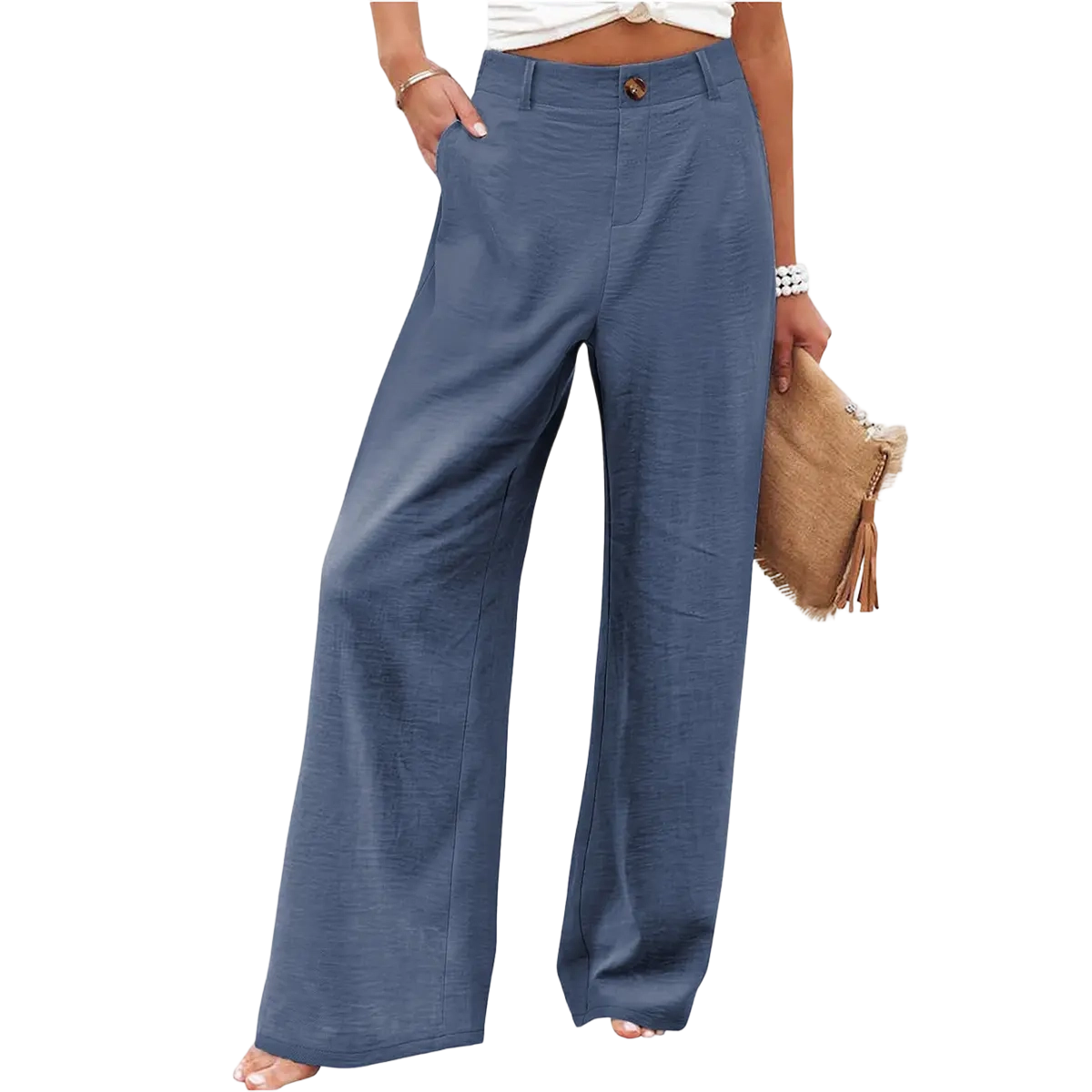 Kingapril Womens Cotton Linen Pants Casual Button Up High Waisted Wide Leg Trousers