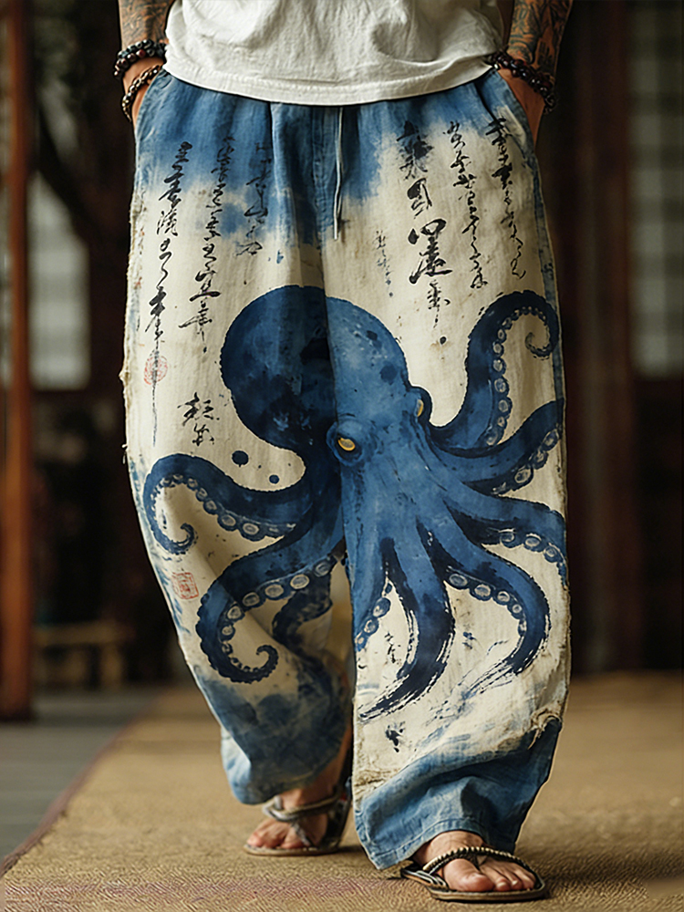Men's Japanese Art Octopus Art Font Tie-dye Pants