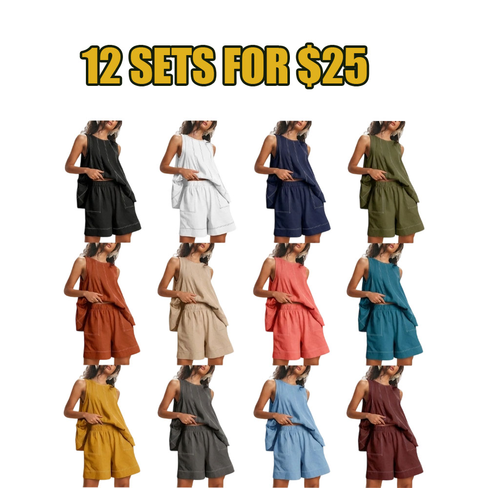 Women's 2-Piece Sleeveless Matching Set – A-Line Tank Top & High-Waist Shorts with Pockets