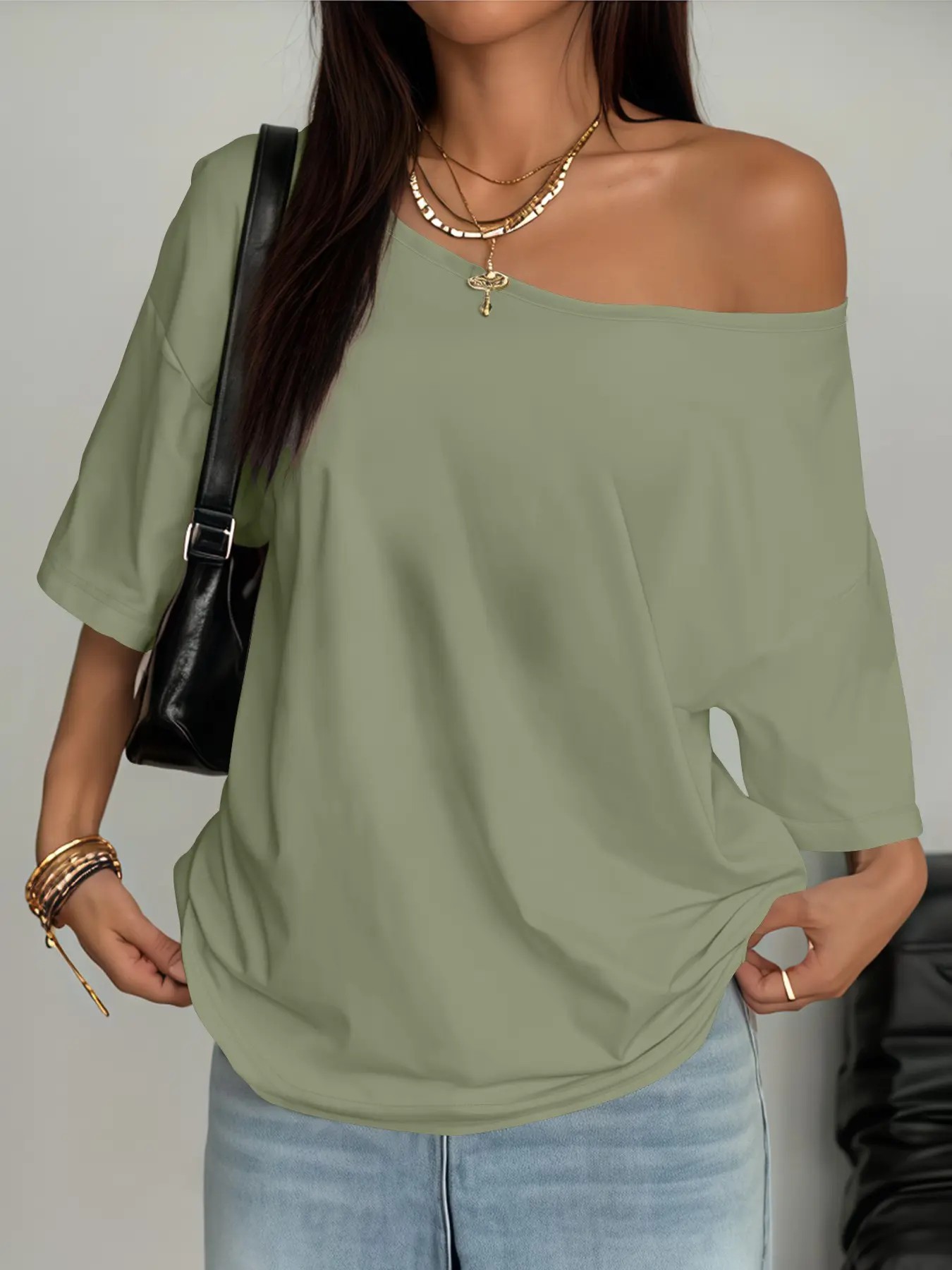 Women's Asymmetrical Shoulder Top, Trendy Fashion Short Sleeve Blouse