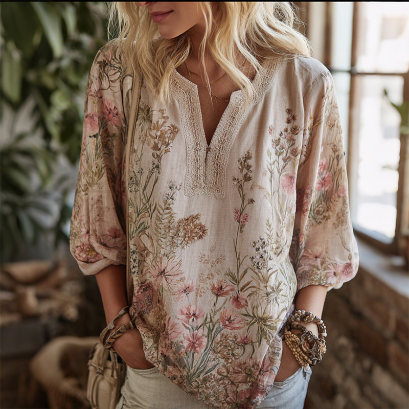Retro Cotton And Linen Plant Flower Bohemian Style Women's V-neck Top