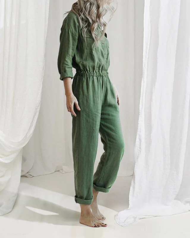Casual Loose Cotton and Linen Women's Drawstring Pocket Jumpsuit 749d