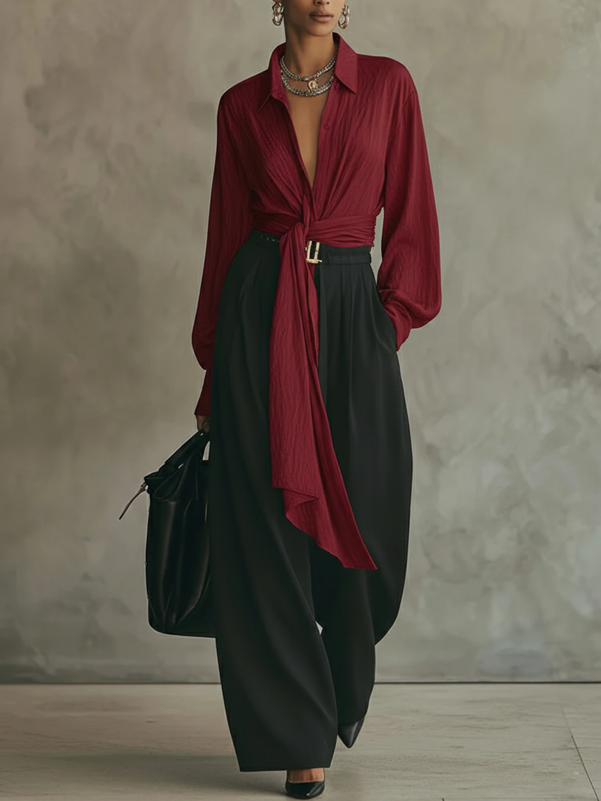Elegant Minimalist Tie Shirt And Wide-leg Pants Two-piece Set