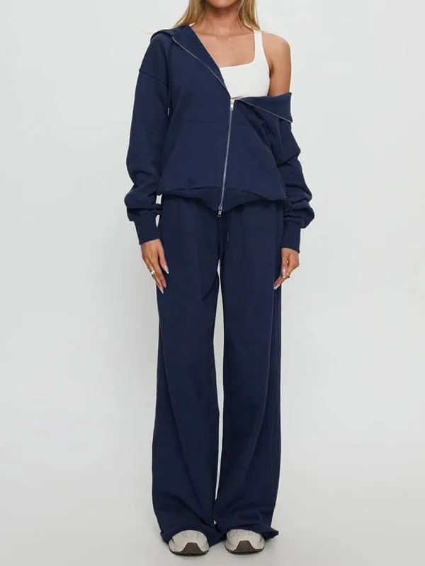 Women Fall Winter Long Sleeve Zipper Hoodie & Pants 2 Piece Set