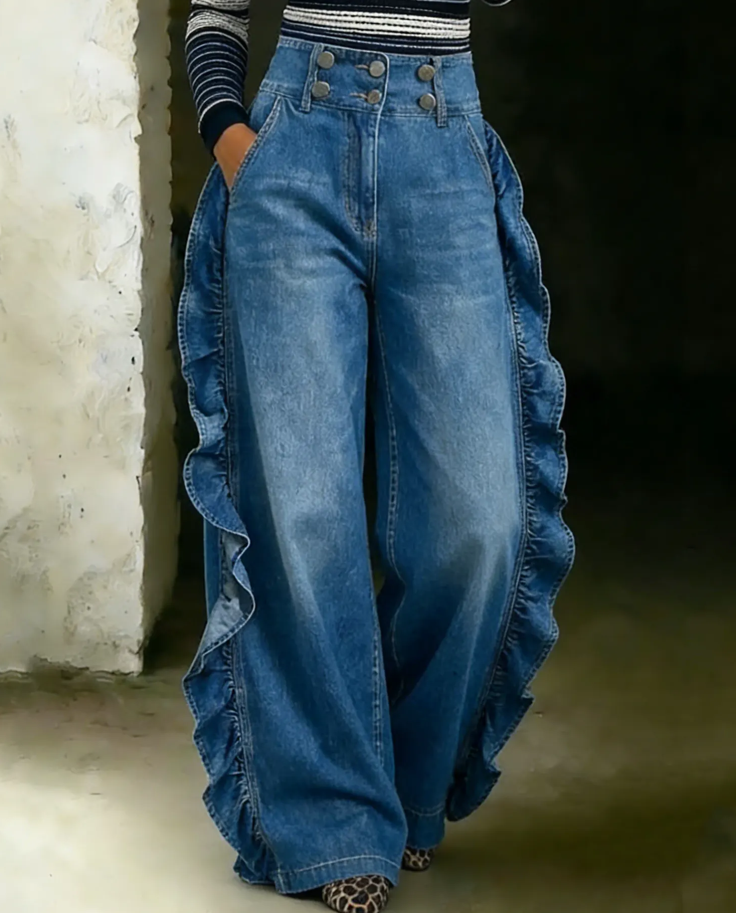 Women's Stylish Design Exquisite Ruffle Trim Blue Denim Wide-leg Pants