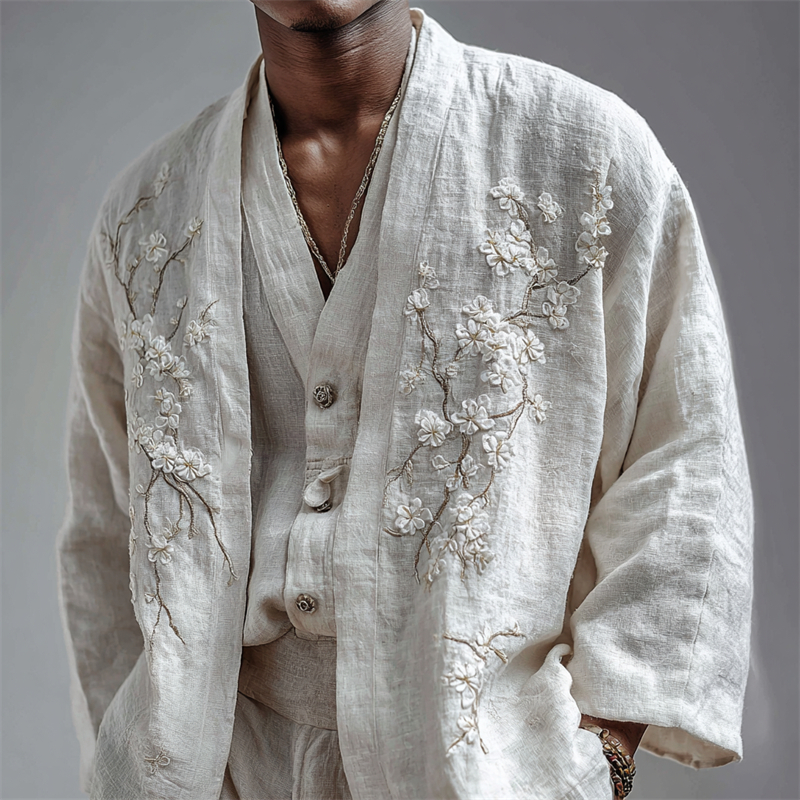 Men's Almond Blossom Fiber Art Linen Kimono Cardigan