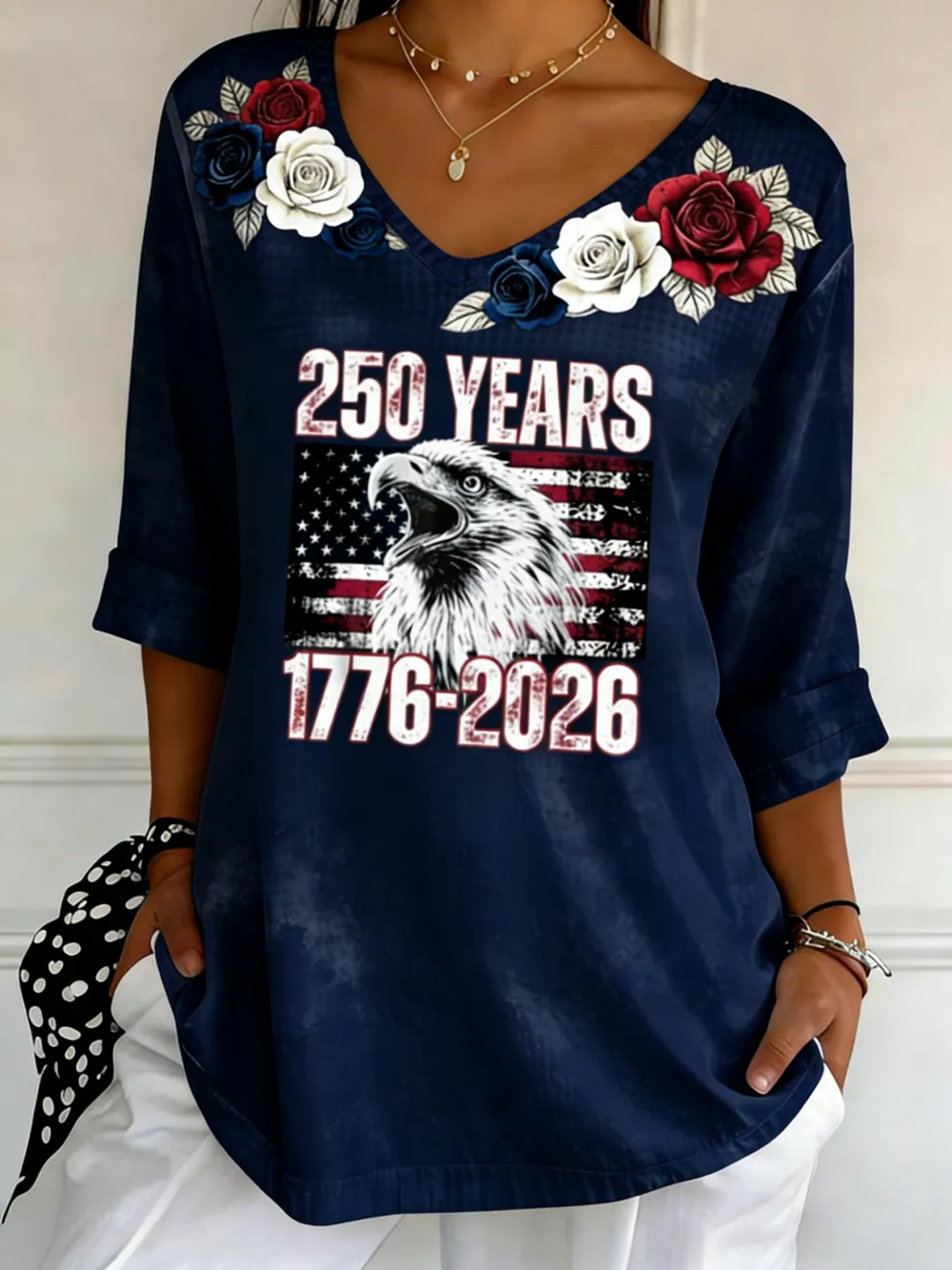 250 Years 1776-2026 Eagle Rose V-Neck Top