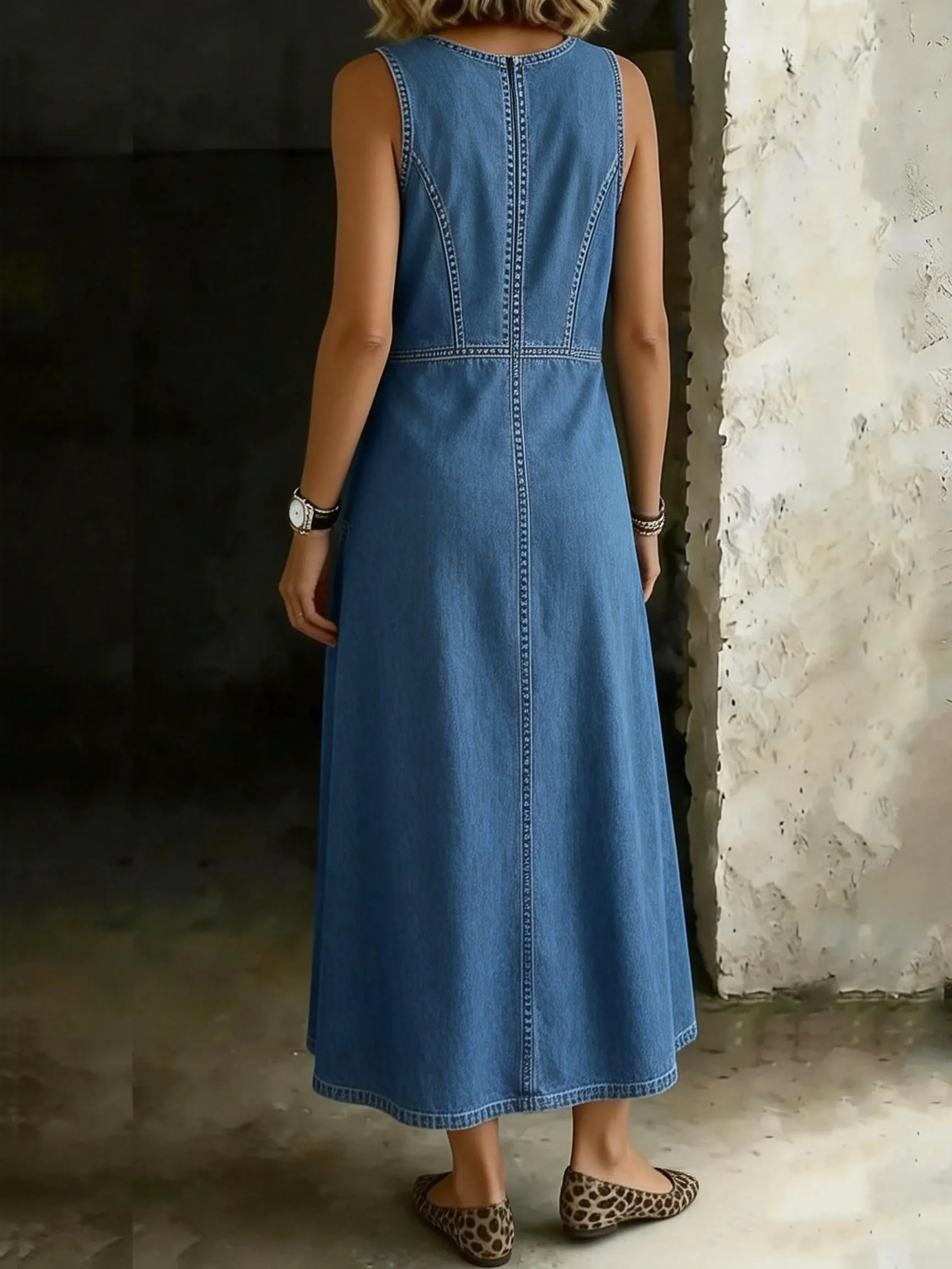 Women's Retro Round Neck Sleeveless Casual Loose Denim Vest Dress