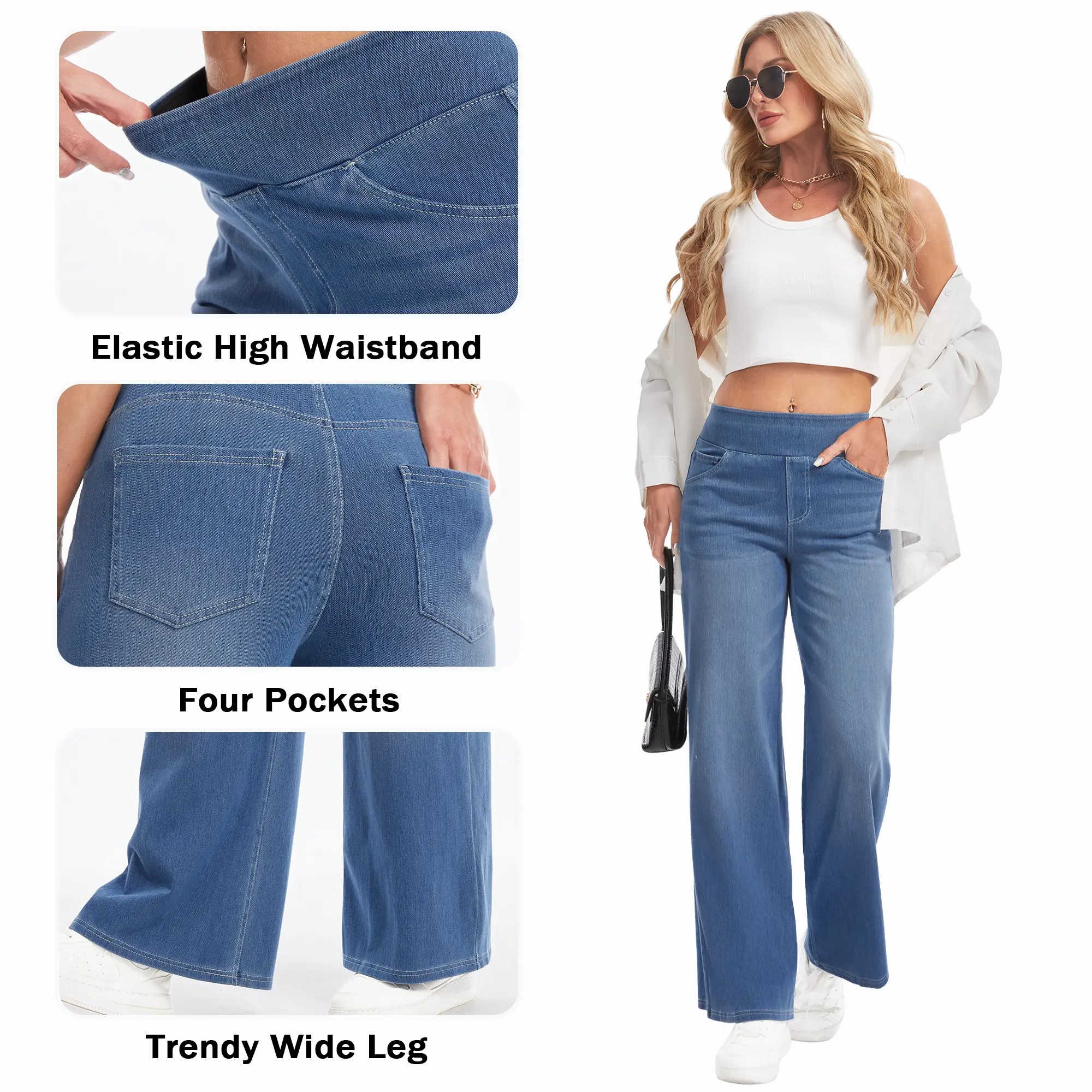 Wide Leg Stretchy Jeans for Women Loose Fit Elastic High Waist Pants Pull On Baggy Fit Jeans Tummy Control Trousers Casual Work Wear (Regular Inseam)