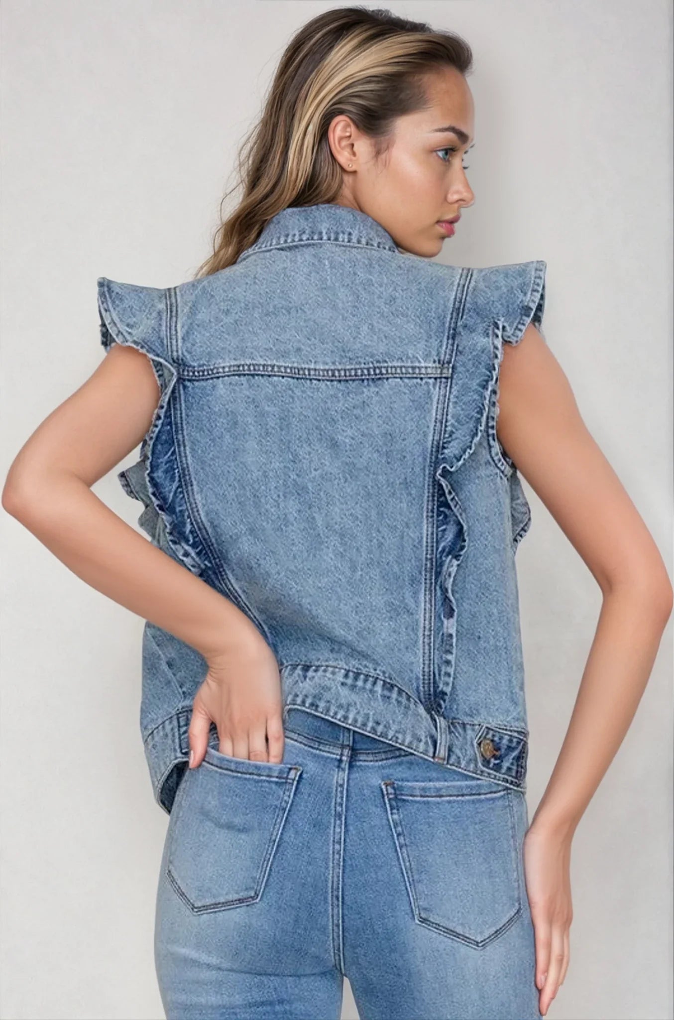 Victorian Charm Ruffle-Trim Denim Vest Jacket – Sleeveless Statement Layer- Light Denim