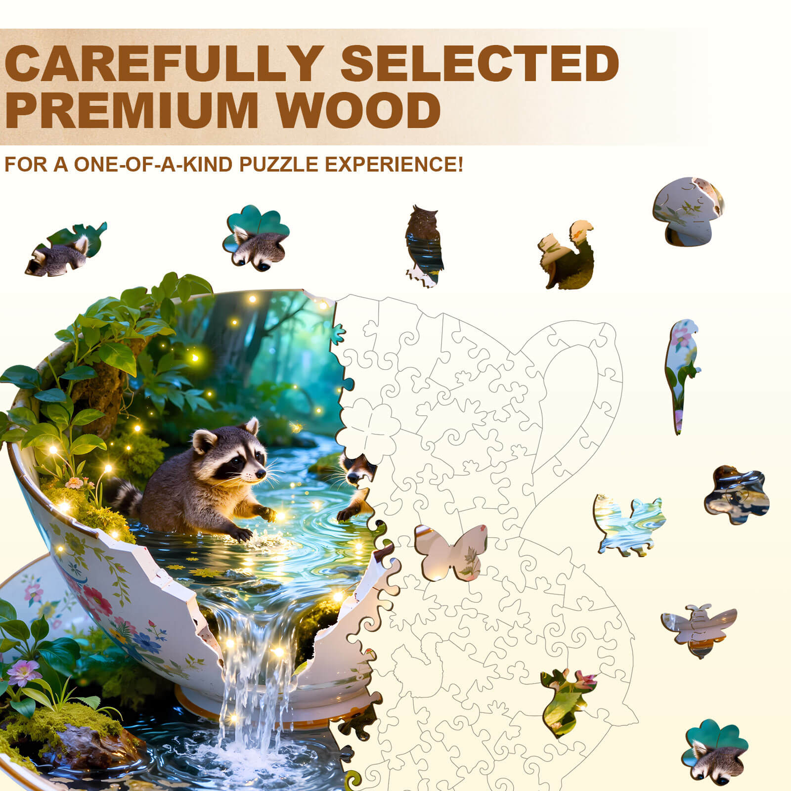 Raccoons Playing Wooden Jigsaw Puzzle