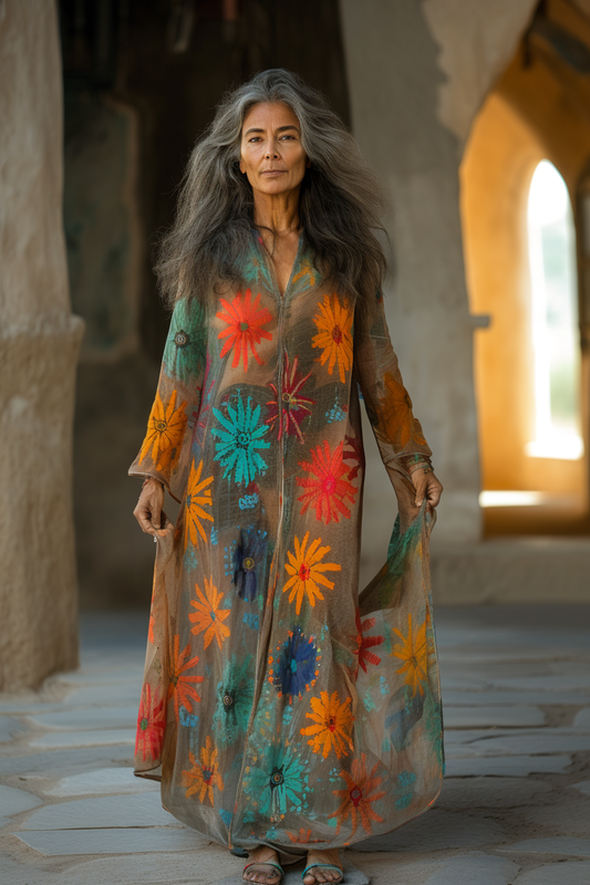 Vintage Loose Linen Patchwork Rainbow Contrast Dress cf3b