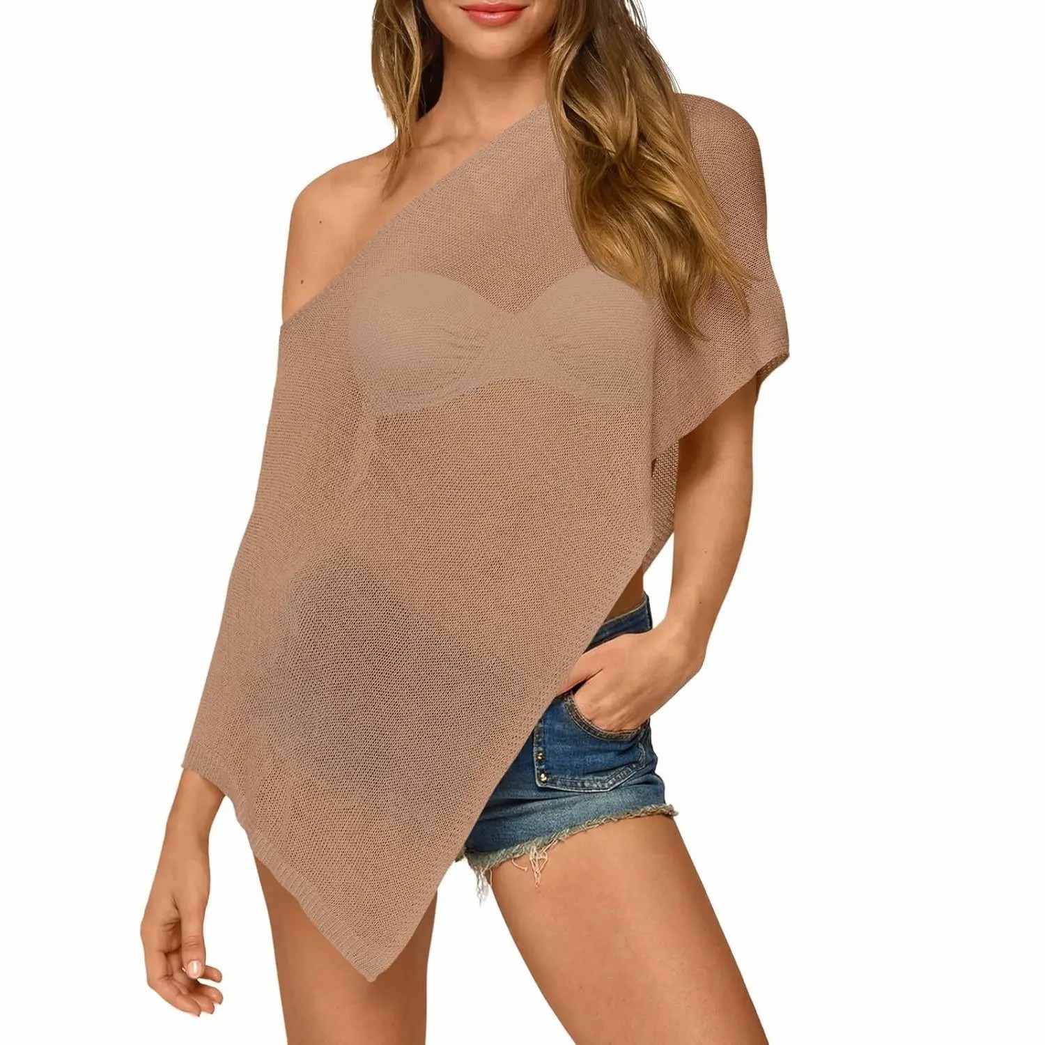 Womens Sheer Poncho Top Lightweight Knit Bolero Shrug Mesh Off The Shoulder Y2K Going Out Beach Swimsuit Coverup