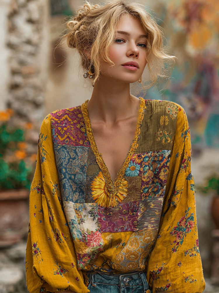 Vintage Bohemian Patchwork Art Floral V-neck Long-sleeved Cotton And Linen Top