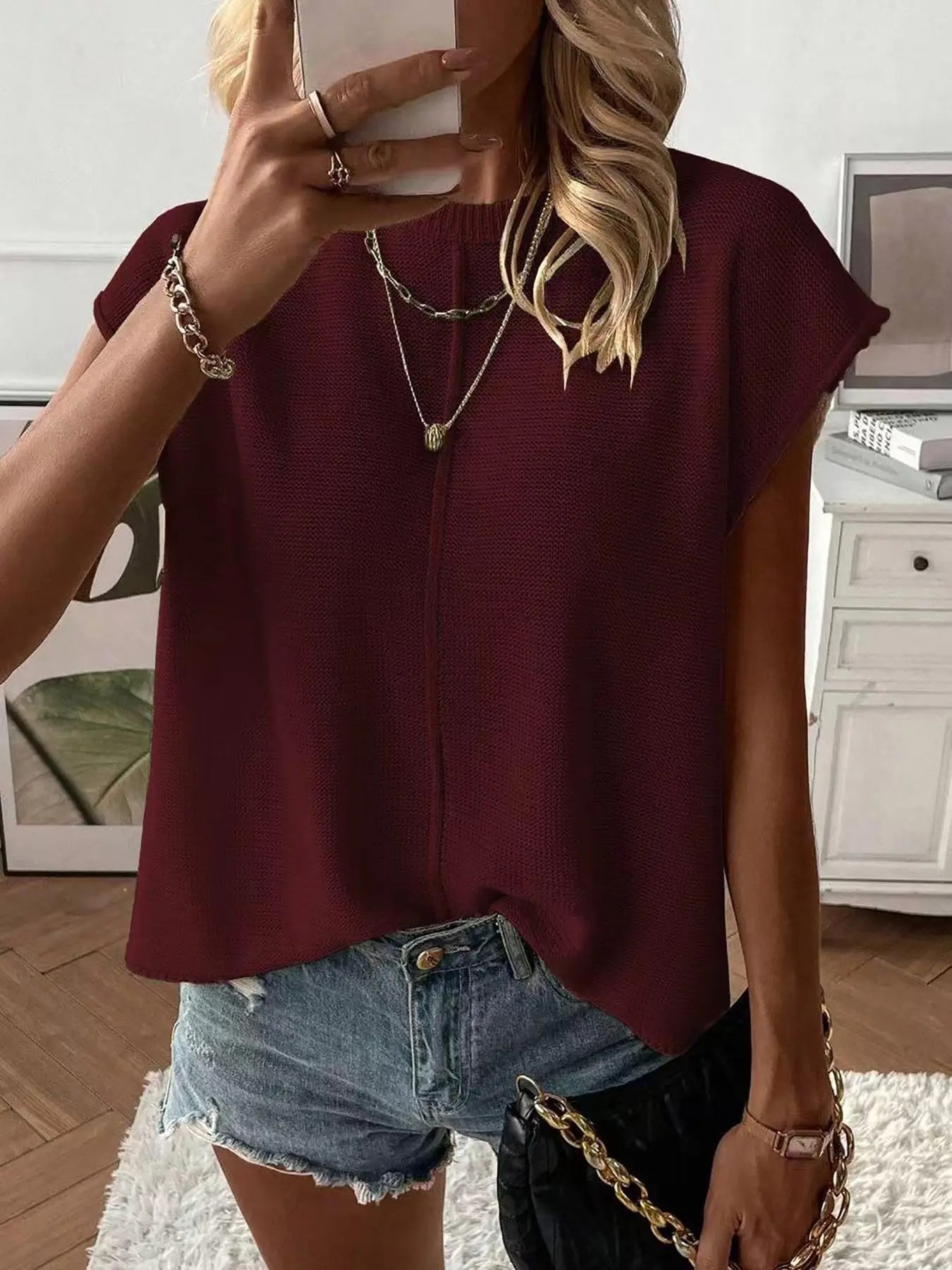 Women's Solid Color Round Neck Sweater Vest - Casual Lightweight Knit Top for Summer Daily Wear