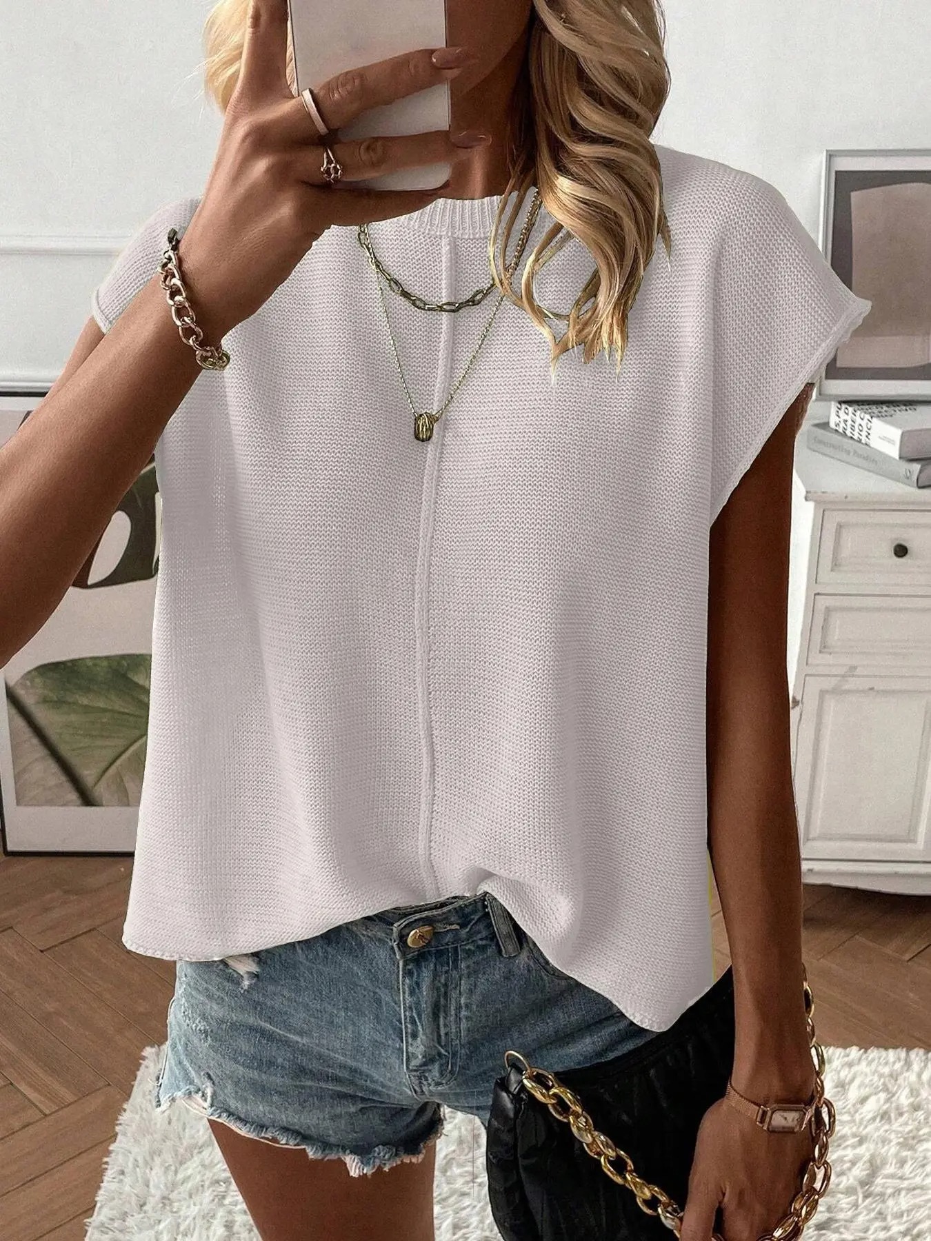 Women's Solid Color Round Neck Sweater Vest - Casual Lightweight Knit Top for Summer Daily Wear