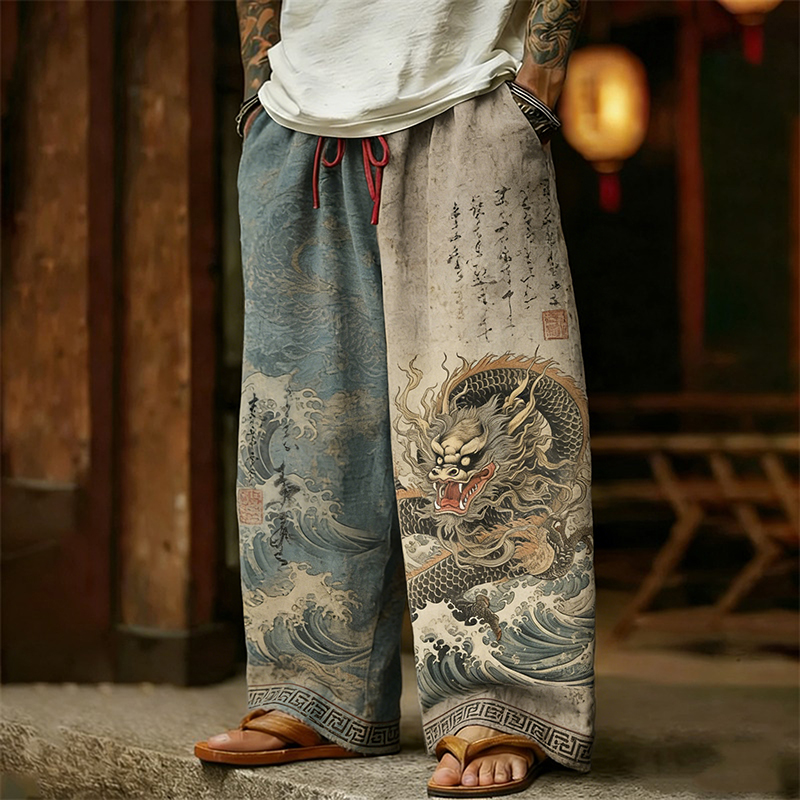 Men's Retro Calligraphy Dragon With Waves Art Linen Pants