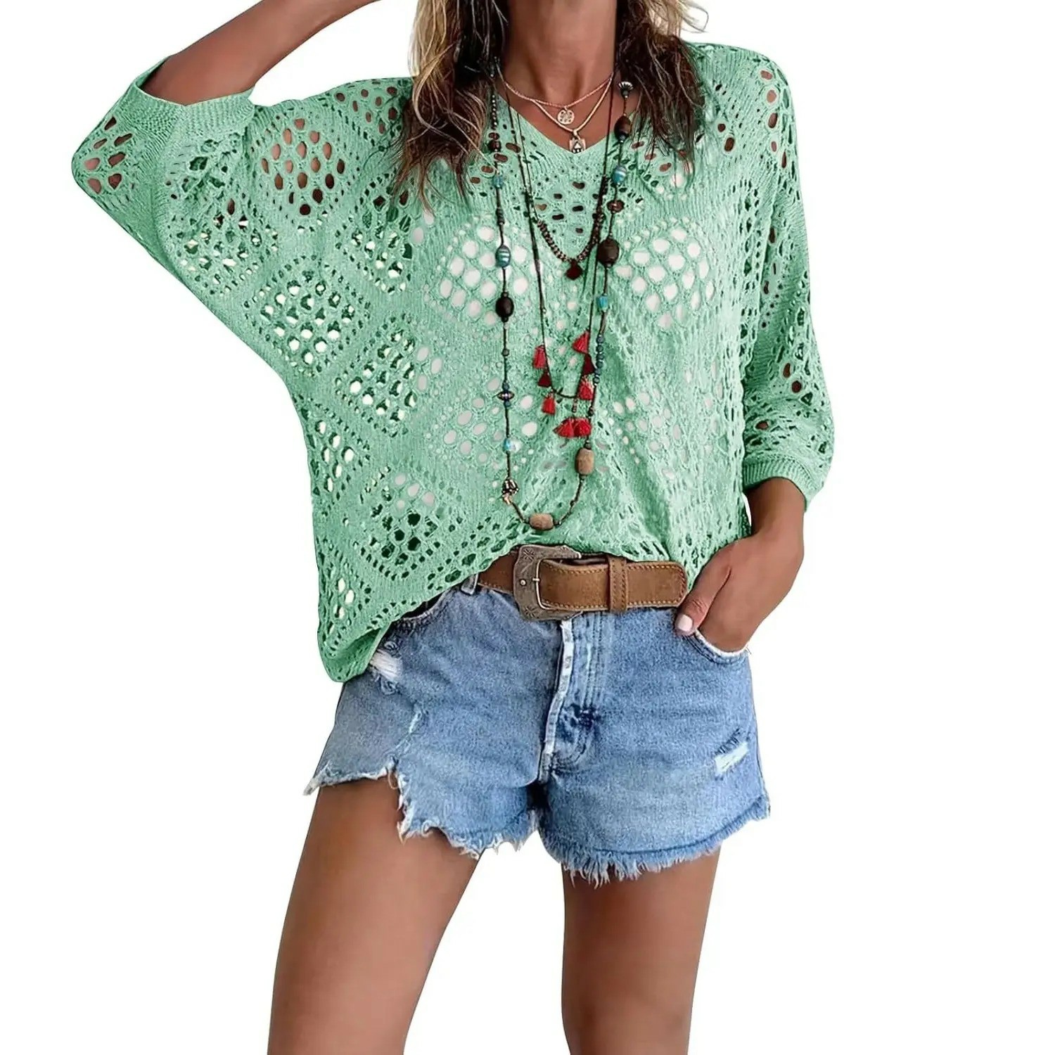 🔥【Stock Up Deals】Women's Bohemian-Inspired Beige Crochet Top with V-Neck