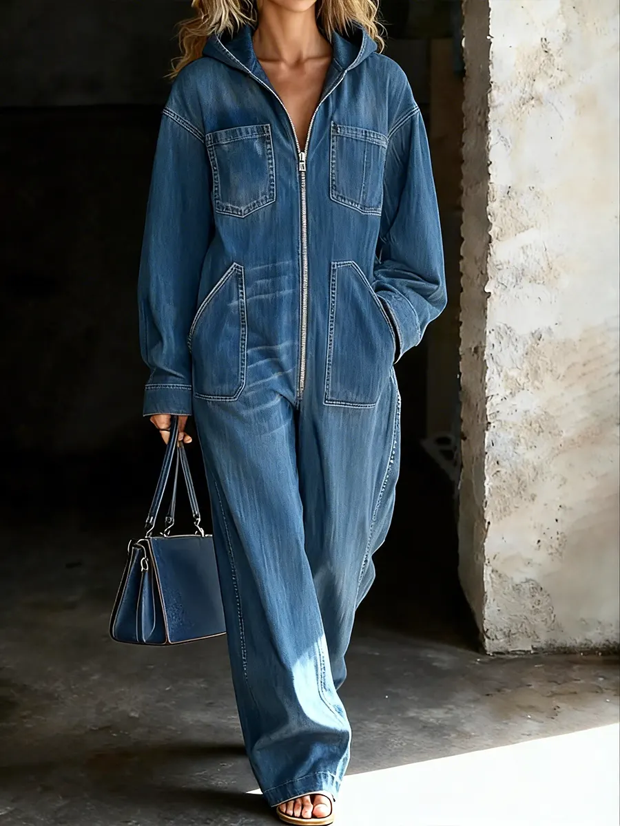 Women's Casual Relaxed Denim Hooded Jumpsuit