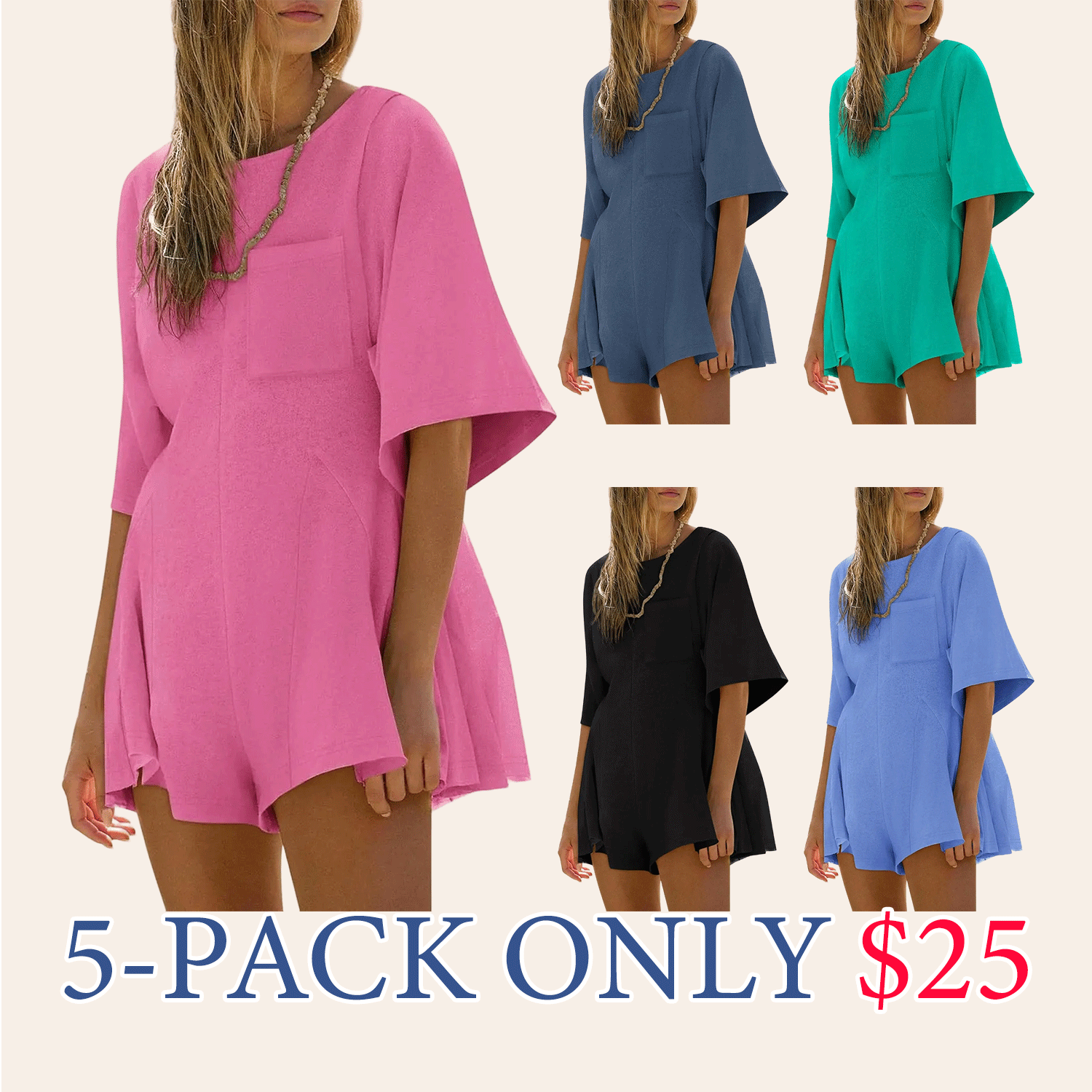 Women Spring Outfits Summer Casual Short Sleeve Crew Neck Loose Jumpsuits with Pocket