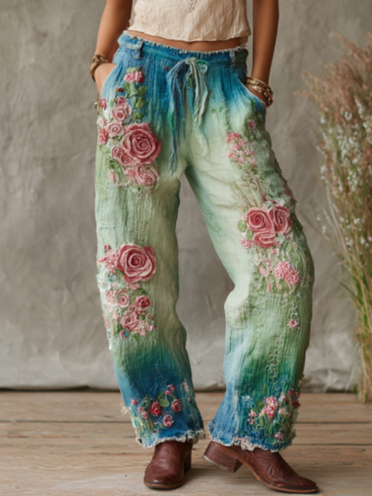 Love & Health Collection Retro Western Women Style Vintage Rose And Floral Patchwork Art Linen Pants