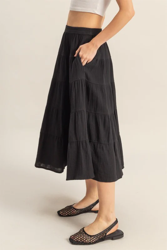 Double Gauze Tiered Midi Skirt with Pockets