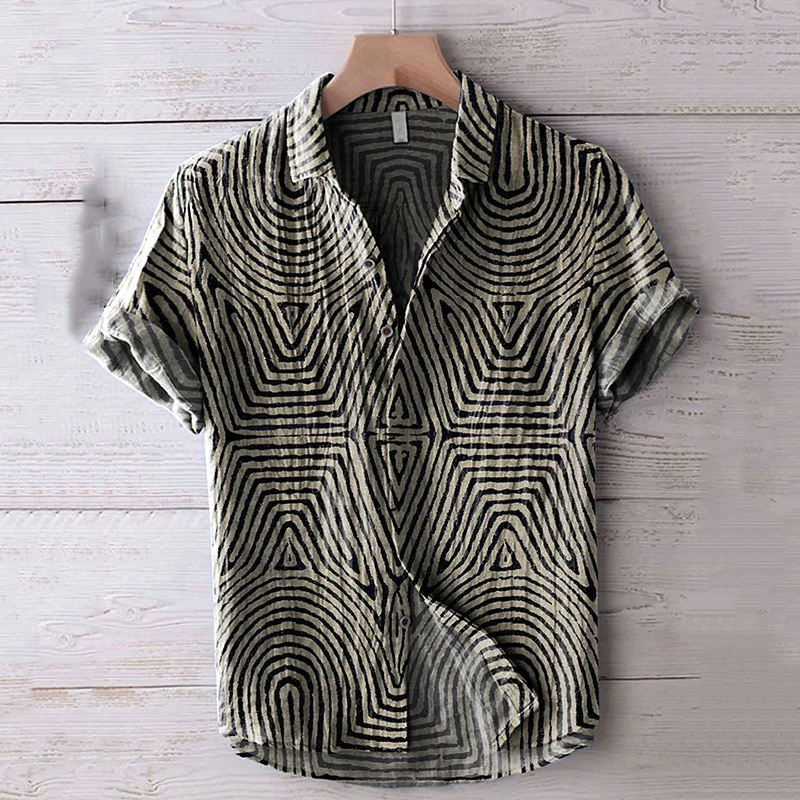Retro Symmetrical Minimalist Geometric Lines Art Print Casual Cotton Shirt