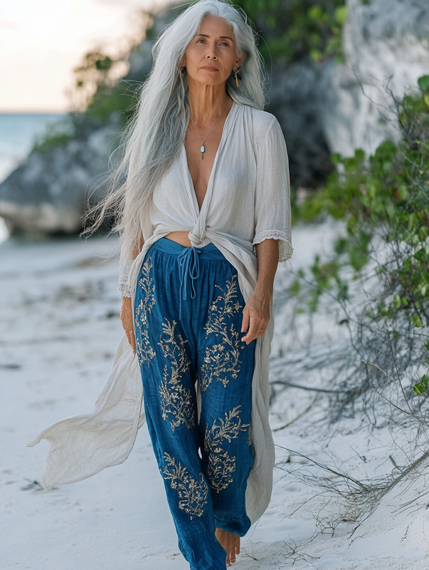 Vacation seaside elegant embroidery top + pant two piece set c550