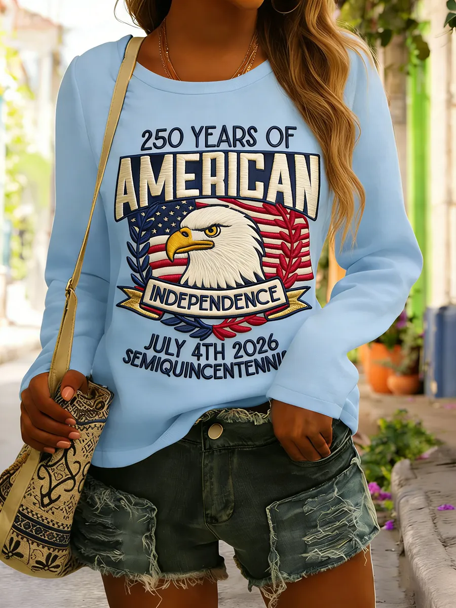 250 Years Of American Independence Eagle Embroidered Long Sleeve T-Shirt