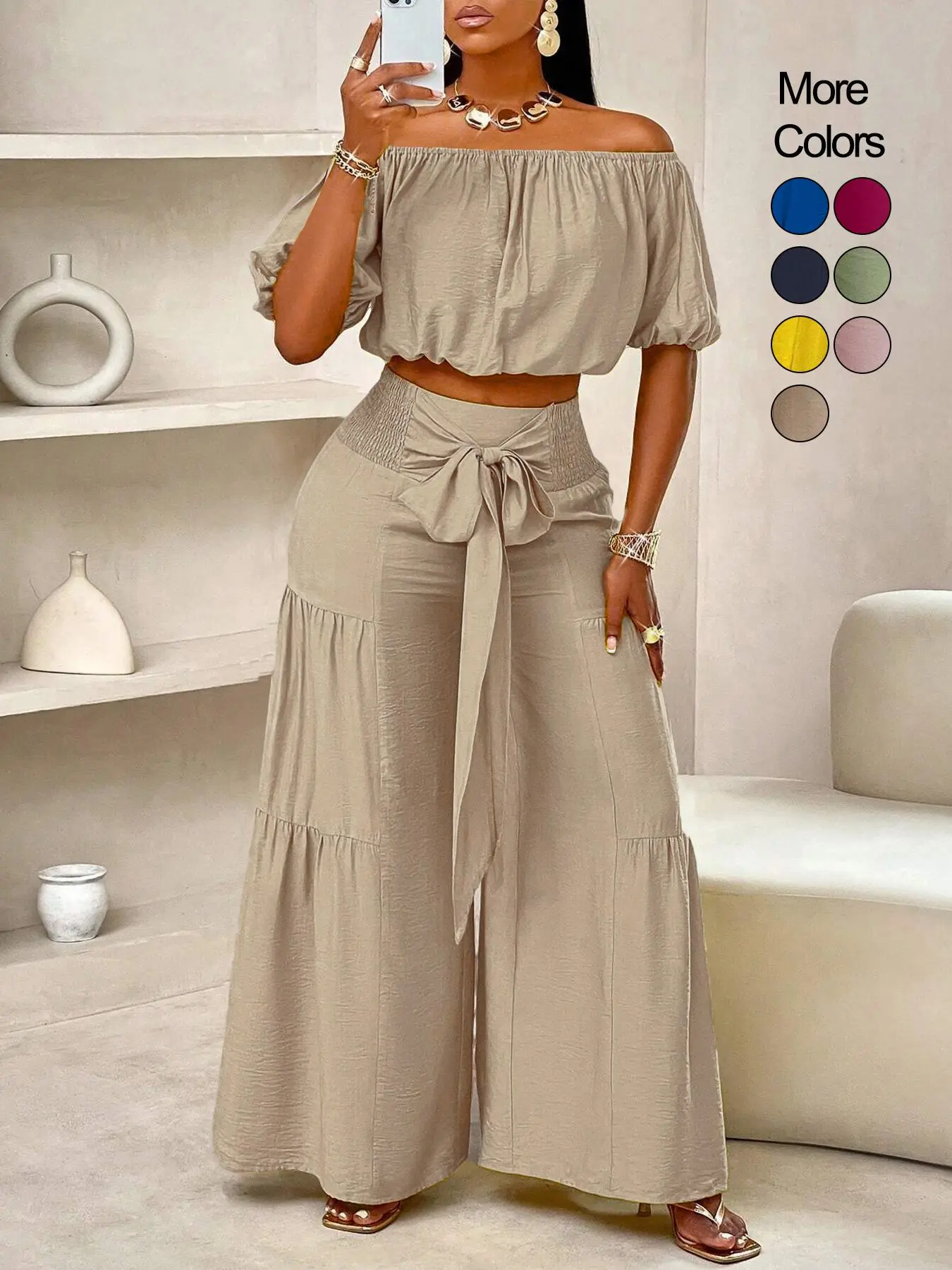 Summer Beach Vacation Bow Shoulderless Round Neck Shirt Wide Leg Pants Set