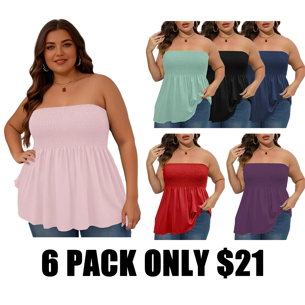 Women's n Strapless Top Plus Size Solid Ruffle Hem Shirred Tube Top