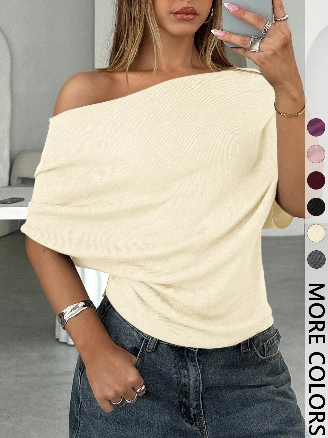Women's Plain Asymmetrical Shoulder Batwing Sleeve Knit T-Shirt🌙