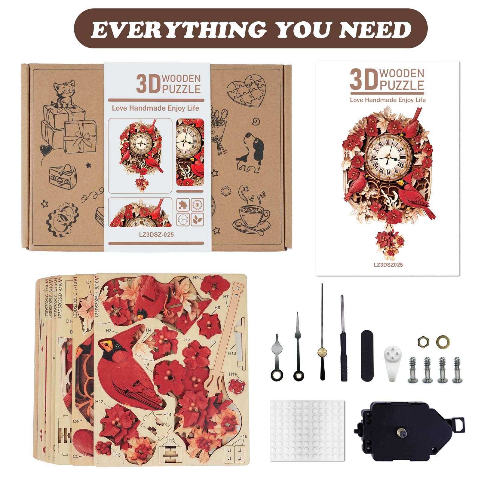 Cardinal– DIY Wooden Clock, 3D Puzzle Craft Kit