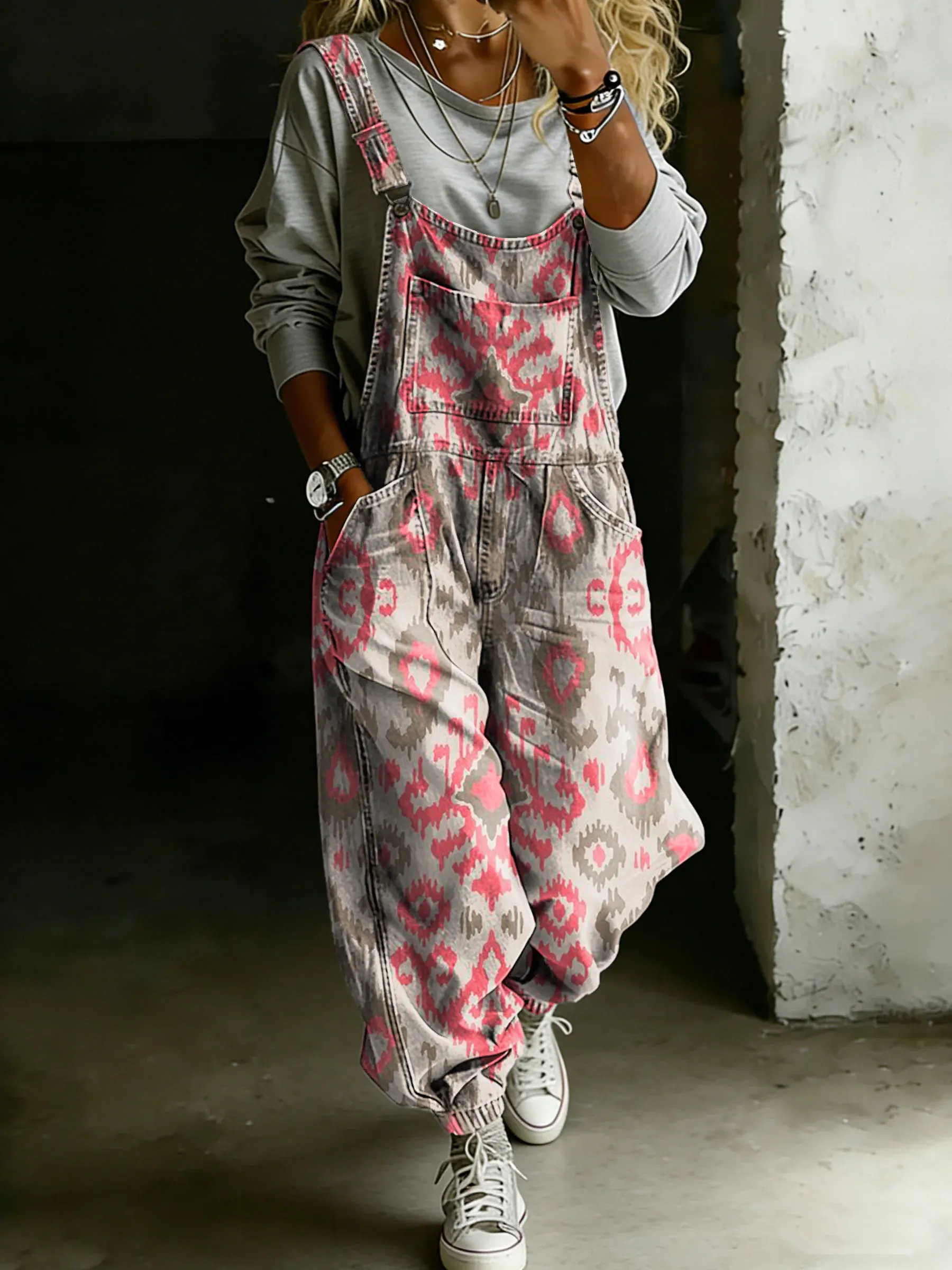 Women’s Vintage Ethnic Totem Art Print Casual One Piece Denim Jumpsuit