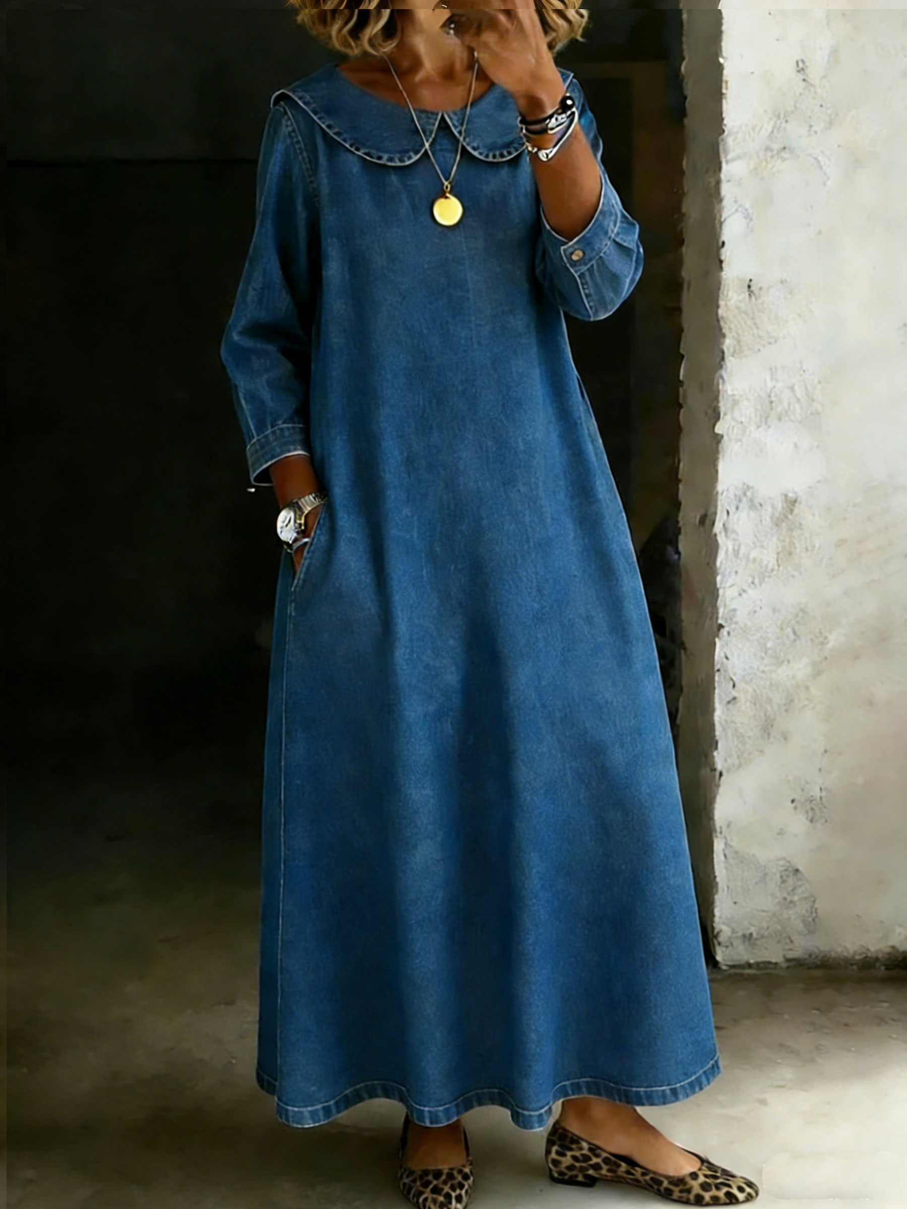 Women's Peter Pan Collar Long-sleeved Casual Loose Denim Dress